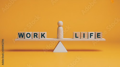 Work Life Balance Concept with Wooden Blocks and Balance Scale on Orange Background