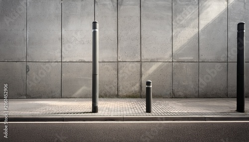 sidewalk pole with long concrete wall and street background for text area