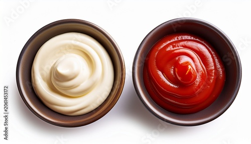 top view of bowls with creamy mayonnaise and ketchup isolated on white background perfect for food and cooking concepts