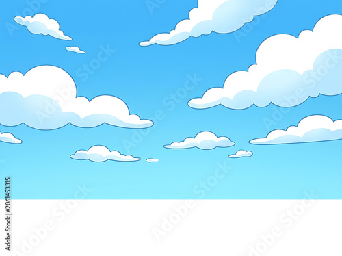 Cartoon blue sky background with fluffy white clouds and white horizon