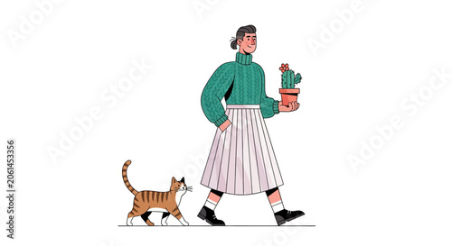 Woman walking with cat and potted cactus plant.