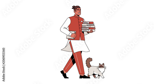 Delivery person carrying packages with small dog.
