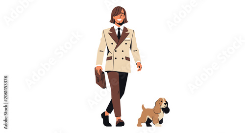 Woman walking her small dog in stylish outfit.