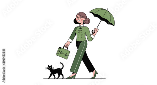 Elegant woman walking with umbrella and cat.