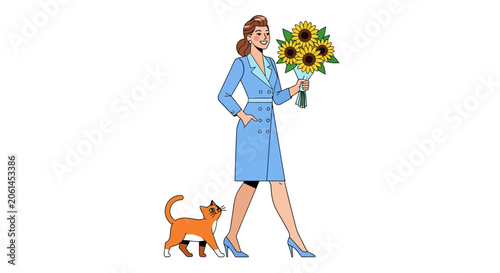Woman in blue dress holding sunflowers with cat.
