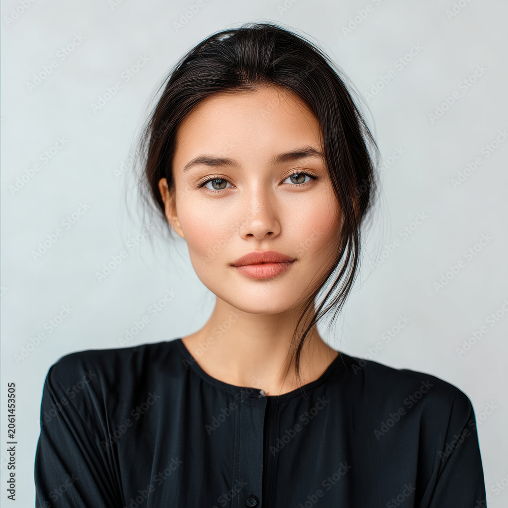 Fototapeta premium Young East Asian woman with long dark hair, clear skin, natural makeup, and black blouse, standing against light background, calm expression