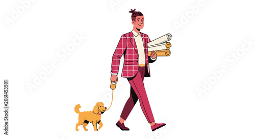 Man in red suit walking a small dog on leash.