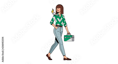 Woman walking with green handbag and phone.