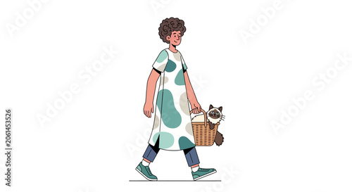 Woman in green dress walking with cat in basket.