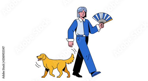 Woman walking golden retriever with fan in hand.
