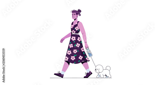 Woman in floral dress walking small white dog on leash.