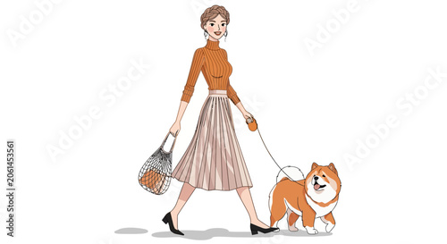 Woman walking her shiba inu dog on a leash.