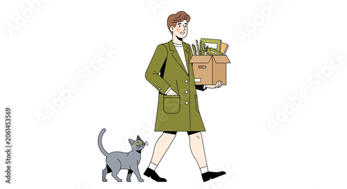 Man in green coat carrying box with cat nearby.