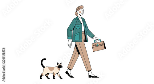 Woman walking her cat while carrying a handbag.