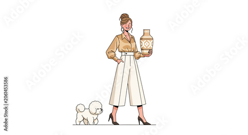 Elegant woman holding a perfume bottle illustration.
