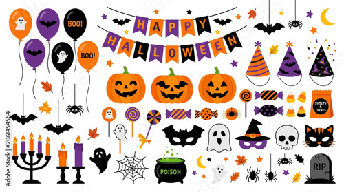 Halloween Party Elements Collection with Pumpkins Ghosts Bats and Candy
