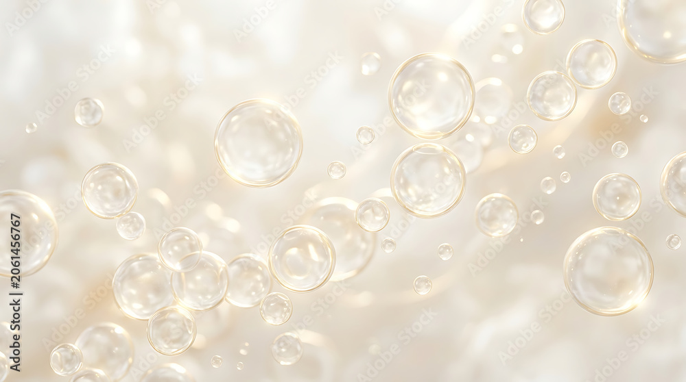 Fototapeta premium Golden bubbles floating on light cream background abstract 3D render
