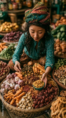 Traditional Market Vendor Selecting Fresh Produce in Vibrant Local Marketplace, Traditional Market Vendor Surrounded by Organic Vegetables, Spices and Cultural Food Heritage for Authentic Lifestyle