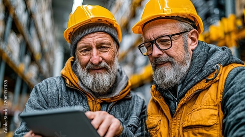 Experienced Warehouse Workers Using Digital Tablet in Modern Logistics Center, Experienced Warehouse Workers Using Digital Tablet for Inventory Management