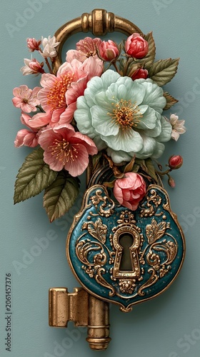 Vintage Floral Lock and Key with Blooming Peonies and Ornate Antique Metalwork, Vintage Floral Lock and Key for Romantic Garden Art, Luxury Decorative Design and Secret Love Concept