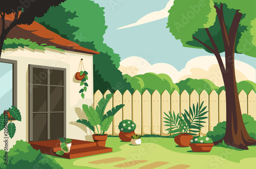 Vector illustration of cozy backyard garden with house patio, wooden fence, tree, green lawn and potted plants. Summer outdoor yard scene for home, gardening and relaxation design