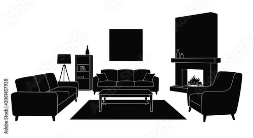 Modern living room silhouette with fireplace and furniture set