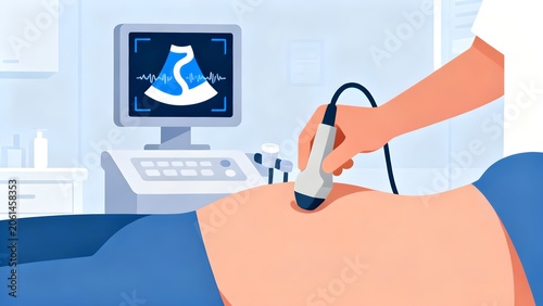 Vector illustration of a doctor performing an abdominal ultrasound scan on a patient in a medical clinic.
