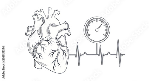 Bild auf Leinwand Anatomical Human Heart and Blood Pressure Gauge Line Art