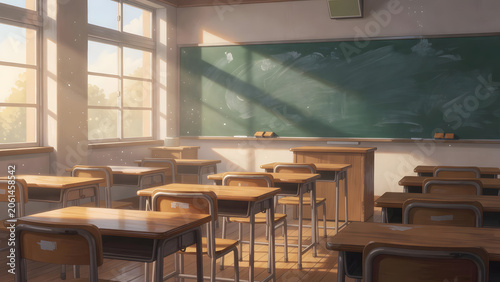 A serene empty classroom with sunlight streaming through the windows, soft animation illustration