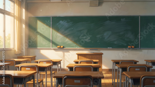 A serene empty classroom with sunlight streaming through the windows, soft animation illustration