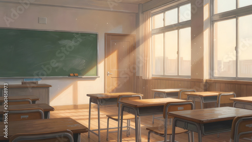 A serene empty classroom with sunlight streaming through the windows, soft animation illustration