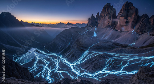 Aerial view of glowing blue trails on rugged mountain terrain at dusk with foggy valleys and rocky peaks in the background.