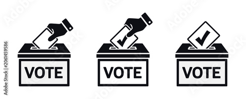 Valokuva Vote Box Icons: A triptych showcasing a hand inserting a ballot into a 'VOTE' box, symbolizing the democratic process and civic duty