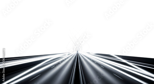 Electric white neon streaks twist across a dark futuristic highway. Motion blur creates high-speed energy flow