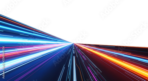 Dynamic motion and glowing light trails represent the future of data transmission technologies on isolated background