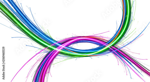 Curved neon beams twist in luminous bright colors. Sparks scatter along swirling motion lines