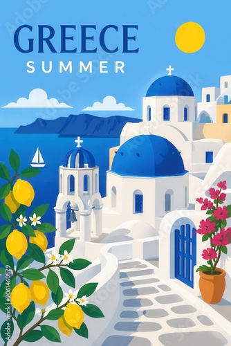 Greece summer travel poster with Santorini architecture lemons sea and Mediterranean scenery view