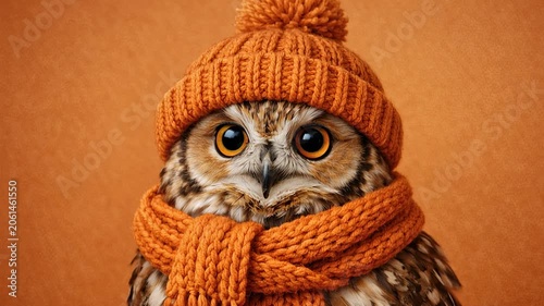 Cute owl wearing knitted hat and scarf portrait with warm winter fashion and cozy seasonal charm