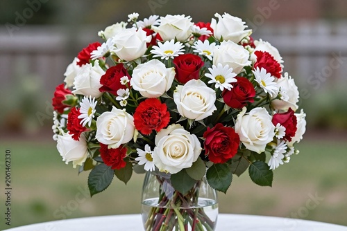 A vase filled with white and red flowers on a table
