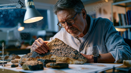 Historical linguist traces carved proto-writing symbols on museum artifact under magnification lamp, comparative script charts spread across archive table, rain streaks the narrow window of a univer