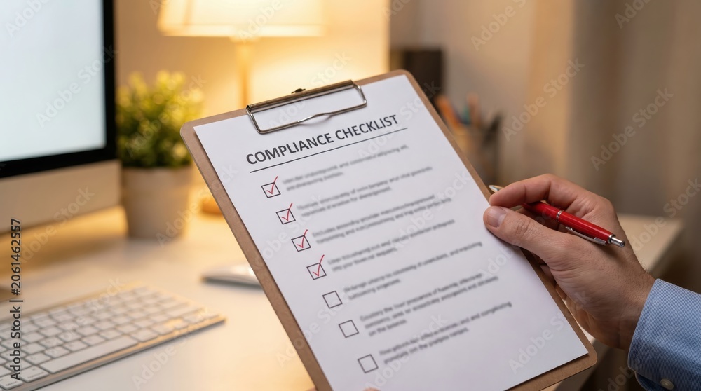 Obraz premium Person completing a compliance checklist on a clipboard in an office setting, ensuring regulatory adherence.