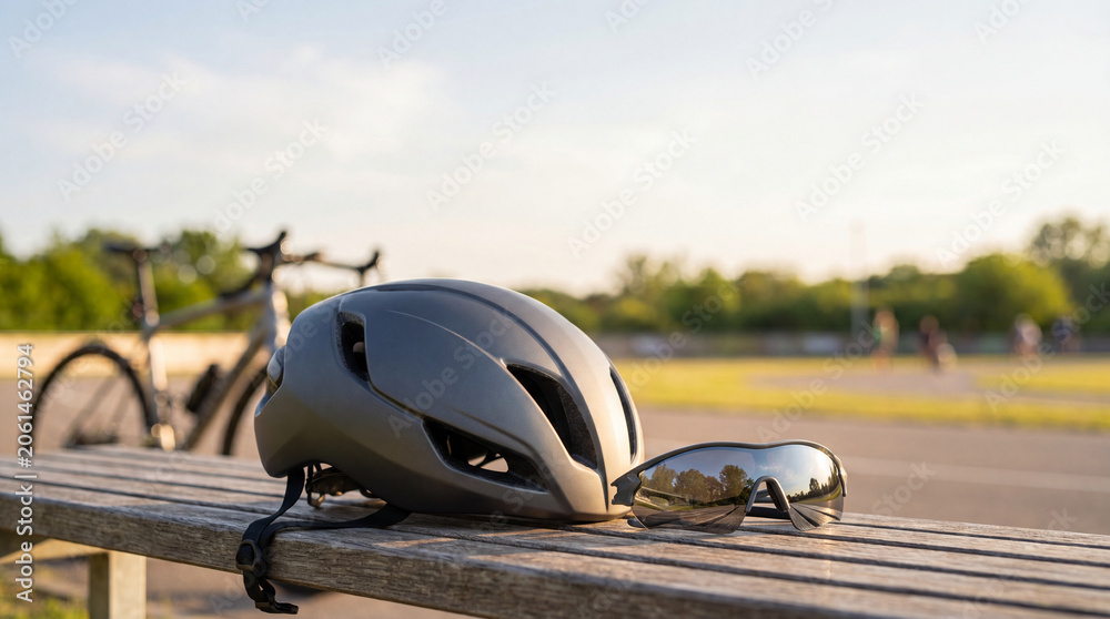 Fototapeta premium Gray cycling helmet and sport sunglasses resting on a wooden park bench with a bicycle in the background, warm evening light and active outdoor mood