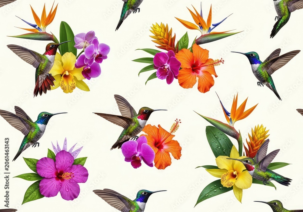 Fototapeta premium A high resolution seamless pattern featuring vibrant hummingbirds hovering near exotic tropical flowers on a clean and elegant background, painting, luxury, elegant