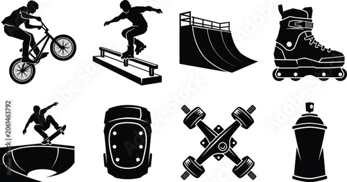 Tableau sur toile Extreme sports silhouette icons with BMX, inline skates, skateboard, ramp, knee