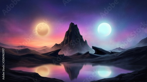 Double Celestial Bodies Mountain Peak Landscape