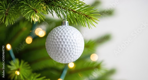 A white dimpled golf ball ornament hangs from a lush green pine branch, surrounded by soft glowing holiday lights and festive winter bokeh, craft, hobby, bauble