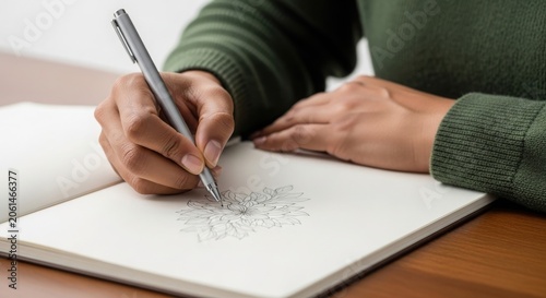 Close up of a person drawing a detailed floral pattern in a sketchbook