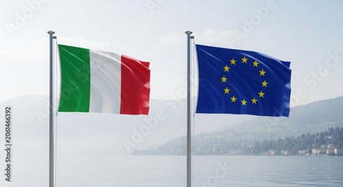 Flags of italy and the european union waving side by side over a lake