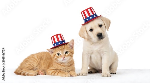 Cute kitten and puppy wearing patriotic hats isolated on white background