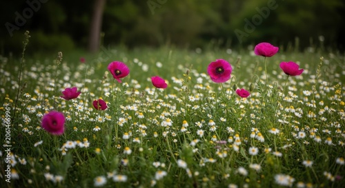 Vibrant pink poppies blooming in a field of white daisies in spring